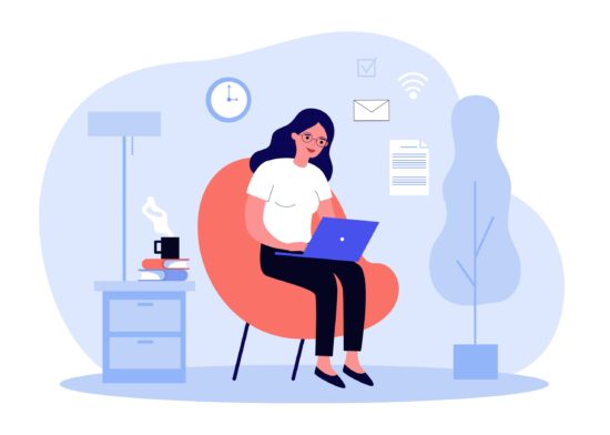 Woman with laptop working at home